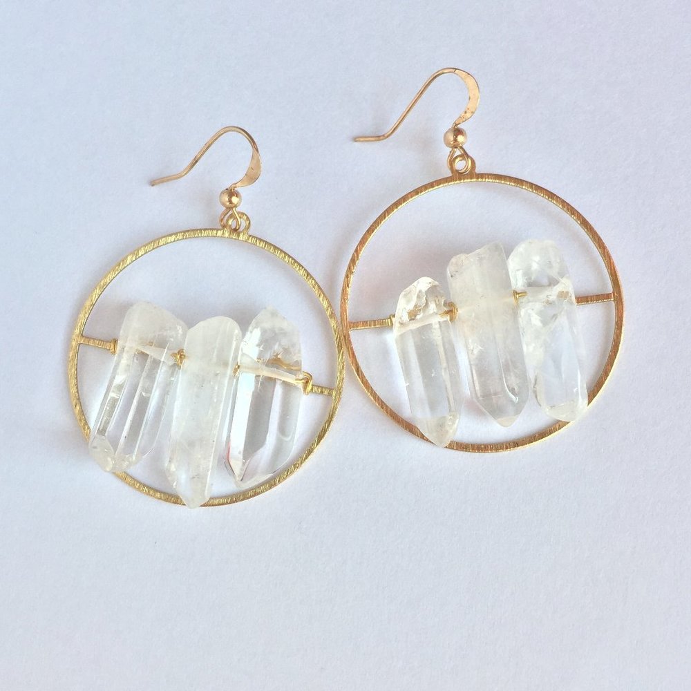 Clear Quartz Crystal — Gold hoop Earrings - Picture 3 of 6